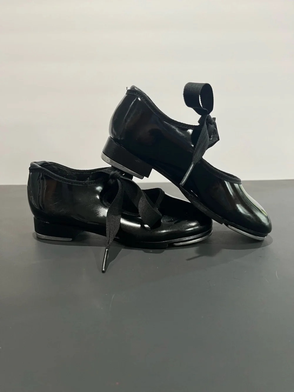 Capezio Black Patent Leather Mary Jane Ribbon Tie Little Girls Tap Dance Shoes